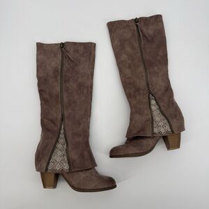 Not Rated Brown Taupe Heeled Foldover Boots Size 8.5 Lace Boho Faux Leather